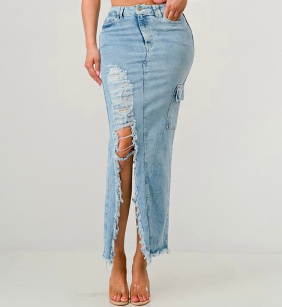 Freya Distressed Cargo Jean Skirt