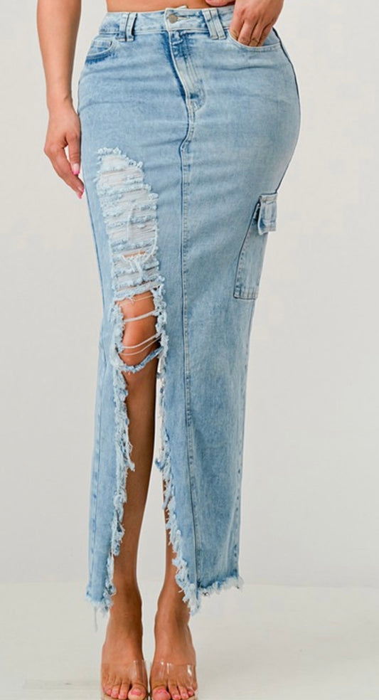 Freya Distressed Cargo Jean Skirt