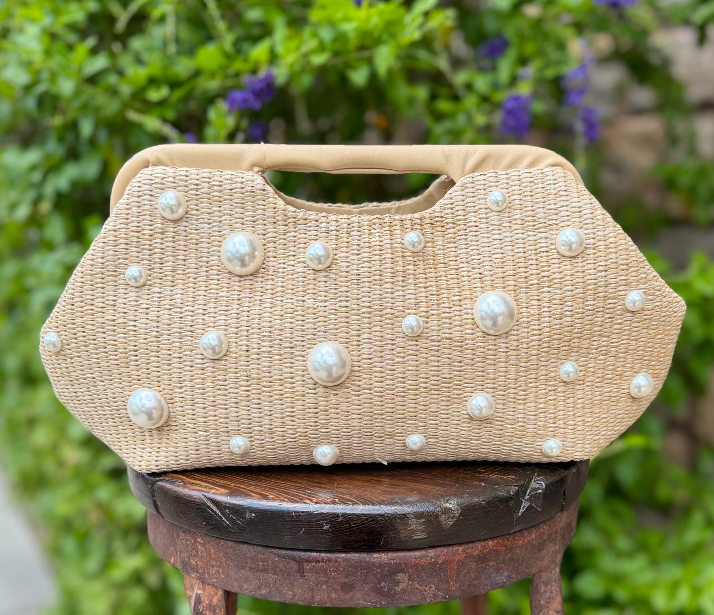 Mallory woven pearl stud handbag